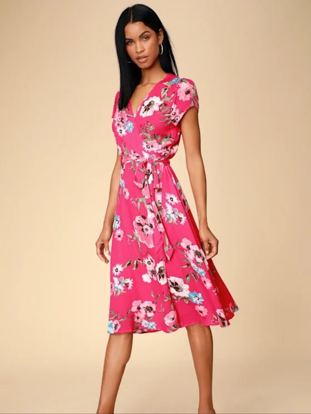 Midi Dress Wrap Pink Floral Womens L Lined Short Sleeve Boho Chic NWOT